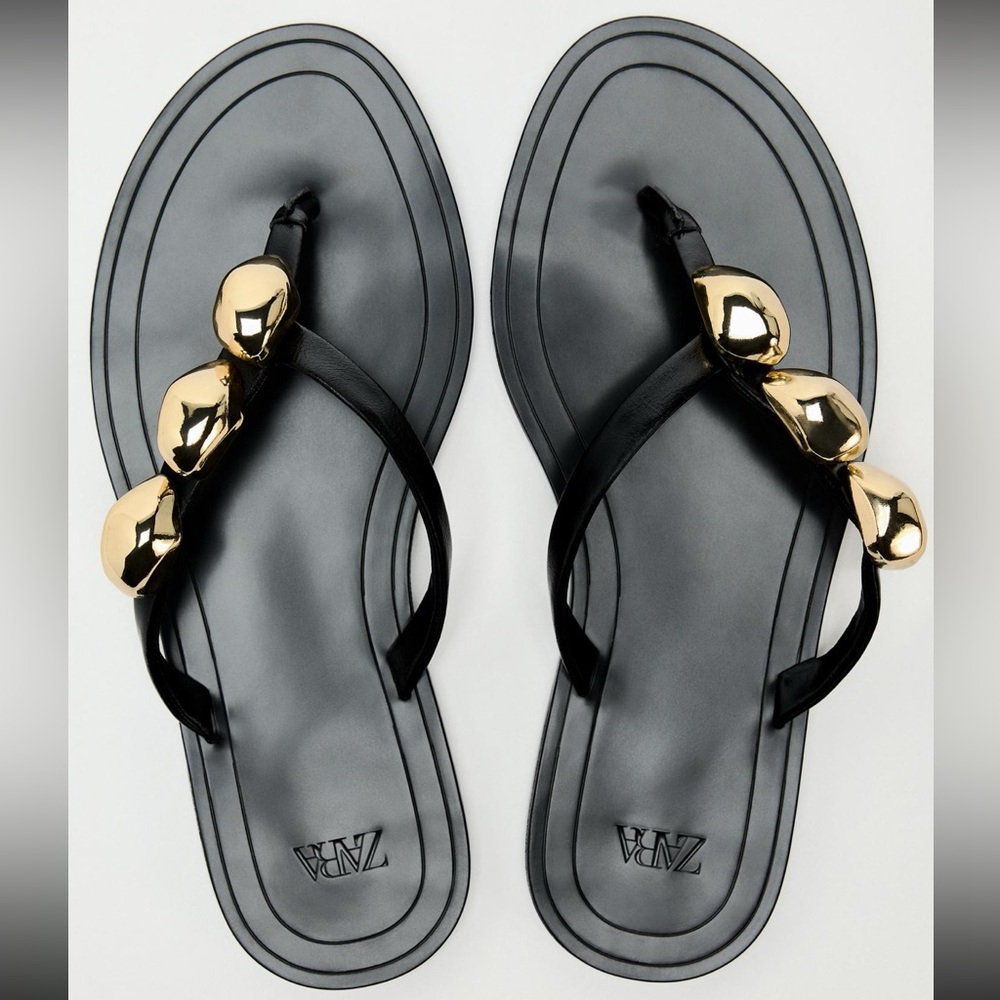 Zara Flat Leather Sandals with Gold Detailing